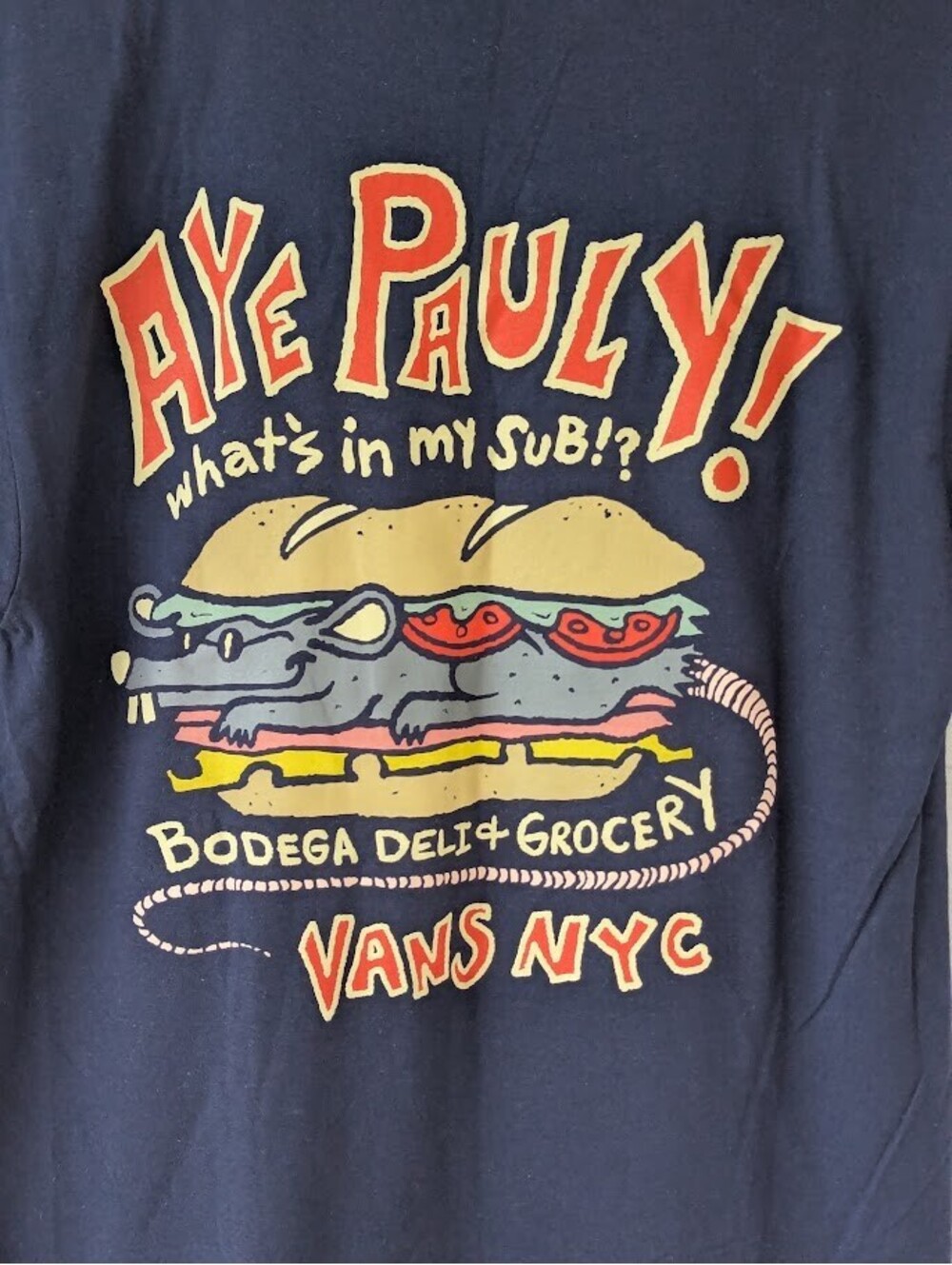 Vans NYC Graphic T-Shirt M Navy Blue Aye Pauly Deli Grocery Rat Sandwhich Skater - Picture 7 of 8